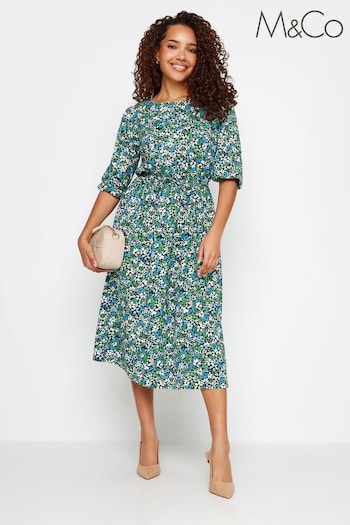 M&Co Blue Floral Shirred Waist Long Sleeve Midi Dress (894489) | £34