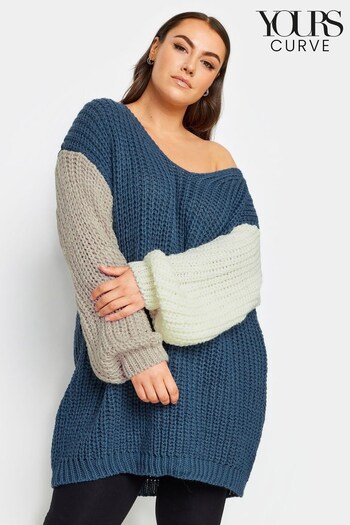Yours Curve Blue Colour Block Knitted Jumper (894520) | £39