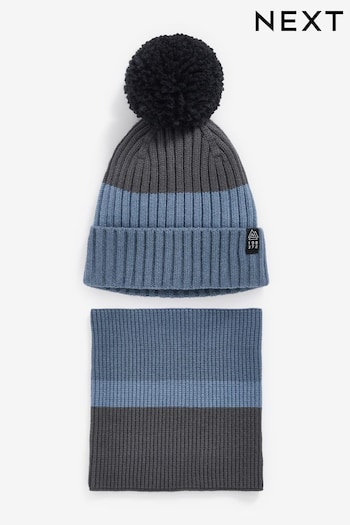 Mineral Blue Stripe Knitted Hat And Snood Set (1-16yrs) (894627) | £12 - £20