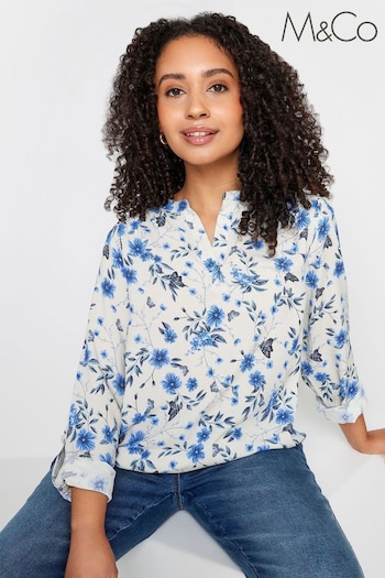 M&Co Ivory White & Blue Petite Butterfly Print Blouse (896218) | £29
