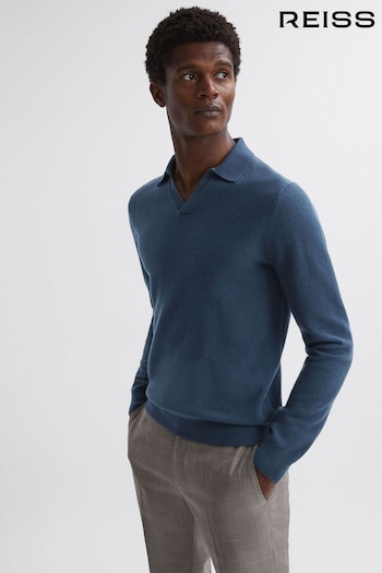 Reiss Petrol Blue Swifts Merino Wool Open Collar Top (896443) | £110