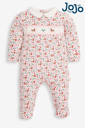 JoJo Maman Bébé Cream Robin Print Smocked Sleepsuit (8965A7) | £12.50