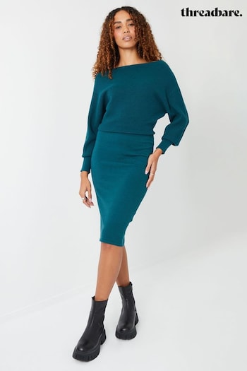 Threadbare Green Slash Neck Knitted Midi Dress (896627) | £32