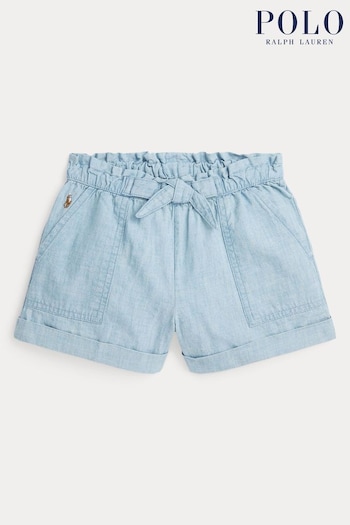 Polo Cucinelli Ralph Lauren Girls Blue Cotton Chambray Camp Shorts (897021) | £75 - £79