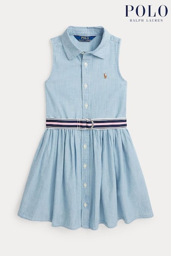 Polo Ralph Lauren Girls Blue Belted Cotton Chambray Shirt Dress (897053) | £105 - £115