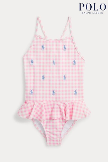 Collo basso a polo a due bottoni Girls Gingham Pony Ruffled One Piece Swimsuit (897217) | £79 - £89