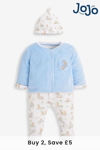 JoJo Maman Bébé Blue 3-Piece Peter Rabbit Sleepsuit, Jacket & Hat Set (8976Q5) | £35