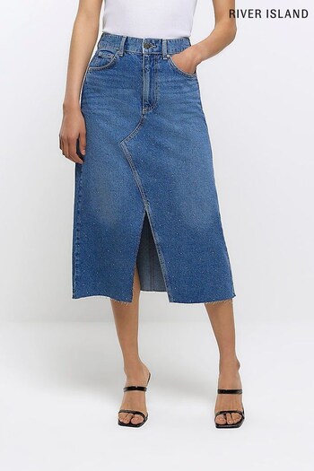 River Island Blue Denim Hotfix Front Midi Skirt (898258) | £55