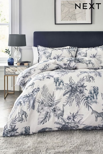 Navy Blue Floral Palm Leaf Safari Animal Duvet Cover and Pillowcase Set (898462) | £18 - £48