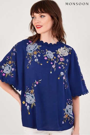 Monsoon Blue Olla Embroidered Floral Kimono Top (898565) | £65