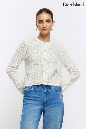 River Island Cream Boucle Cropped Knit Cardigan (898847) | £45