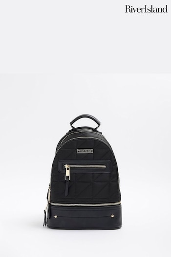 River Island Black Mini Quilted Nylon Backpack Washed (898954) | £35