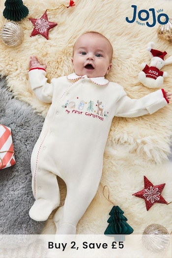 JoJo Maman Bébé Navy Ecru Stripe My First Christmas Appliqué Baby All-In-One (899219) | £23