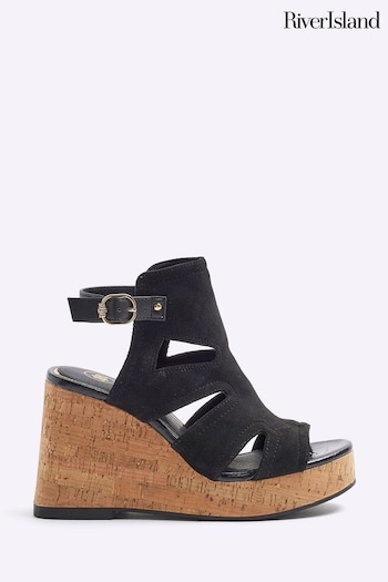 River Island Black Cut Out Wedge Heeled Sandals (899953) | £40