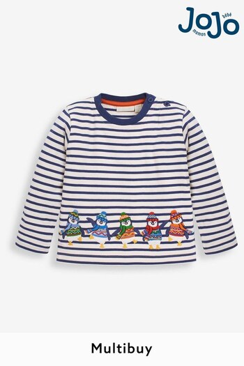 JoJo Maman Bébé Ecru Navy Stripe Stripe Penguin Appliqué Top (89B960) | £17