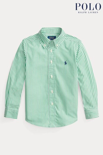 Polo Ralph Lauren Boys Green Pinstripe Long Sleeved Logo Shirt (8JE714) | £75 - £79