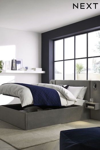 Soft Velvet Mid Grey Matson Upholstered Hotel Bed Frame with Ottoman Storage, Bedside Tables and Lights (8QD491) | £975 - £1,075