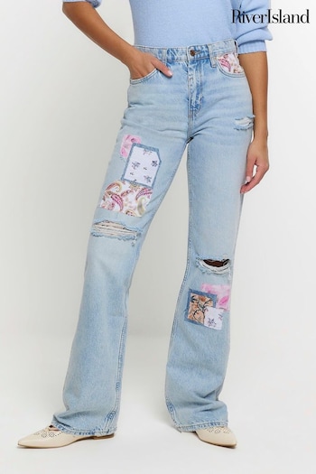 River Island Blue High Rise Patch Staright Jeans (900210) | £70