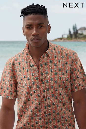 Red Linen Blend Printed Short Sleeve Shirt (900332) | £30