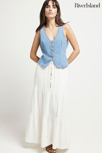 River Island Off White Linen Feel Double Faced Tiered Maxi Skirt (900974) | £48