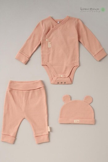 Homegrown Pink Cotton Bodysuit, Joggers and Hat 3-Piece Set (901664) | £22