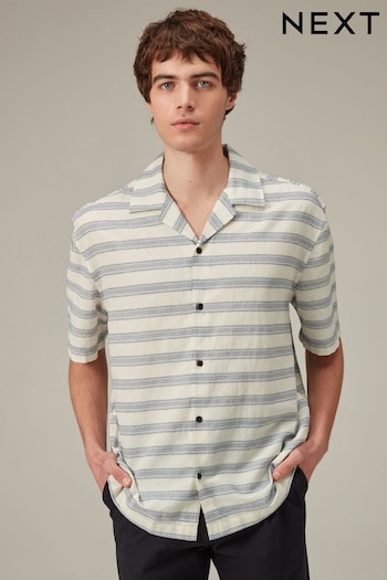 White/Blue Textured Stripe Short Sleeve Shirt With Cuban Collar (901825) | £30