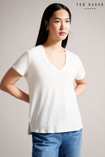 Ted Baker Laliita Easy V-Neck Linen White T-Shirt (902291) | £45