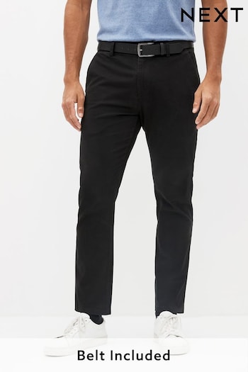 Black Slim Belted Soft Touch Chino Trousers ribbed (902790) | £30