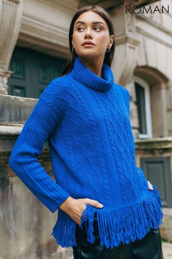 Roman Blue Cable Knit Roll Neck Fringed Jumper (902809) | £38