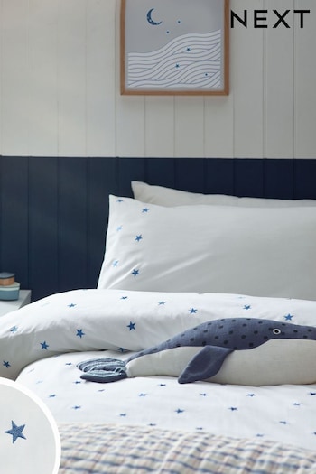 White/Blue Stars 100% Cotton Embroidered Bedding Duvet Cover and Pillowcase Set (903165) | £28 - £40