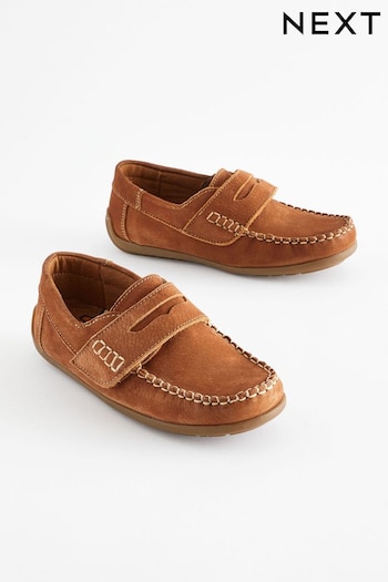 Tan Brown Wide Fit (G) Leather Penny Loafers with Touch and Close Fastening (903538) | £26 - £30