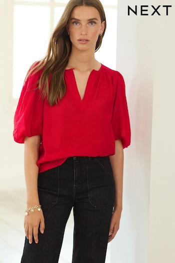 Berry Red Puff Sleeve V-Neck Blouse (904320) | £35