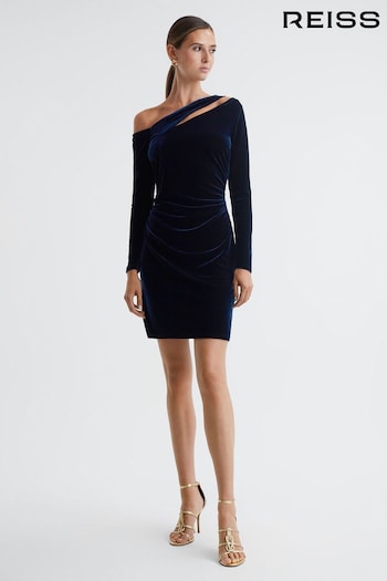 Reiss Navy Camilla Velvet Off-The-Shoulder Mini Dress (904640) | £148