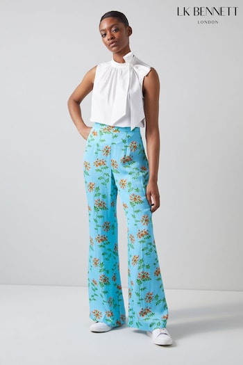 LK Bennett Blue Esme Valerian Floral Check Print Trousers (904713) | £199