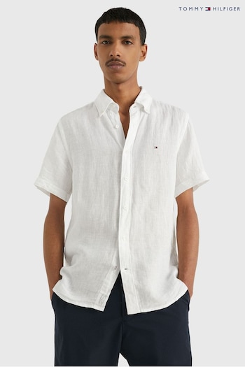 Tommy Fechada Hilfiger White Pigment Dyed Linen Short Sleeve Shirt (905179) | £90