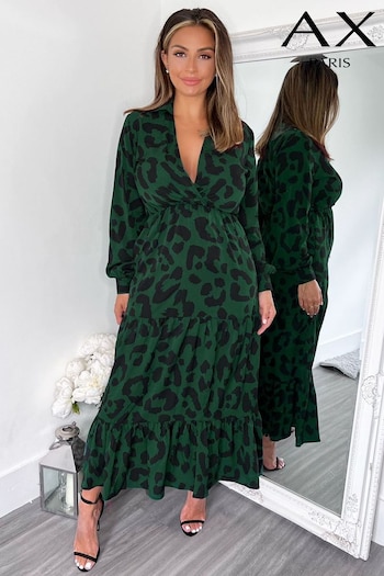 AX Paris Green Leopard Print Long Sleeve Smock Midi Dress (9051E0) | £50