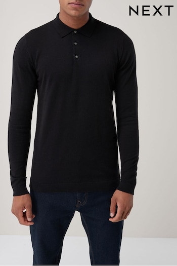 Black Regular Knitted Long Sleeve Polo Shirt (905213) | £28