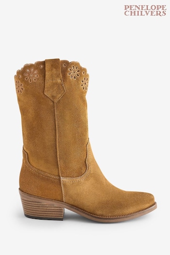 Penelope Chilvers Jesse Broderie Suede Brown Cowboy Boots Hoops (905822) | £269