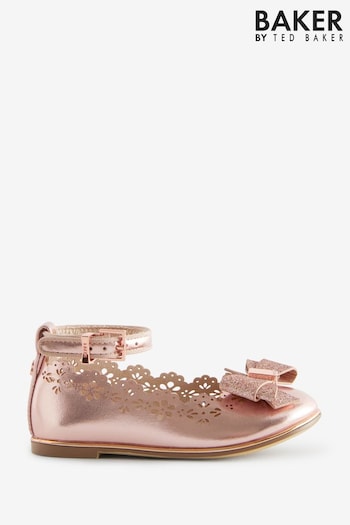 Baker by Ted Baker Girls Rose Gold Scalloped Shoes with Glitter Bow (905838) | £36