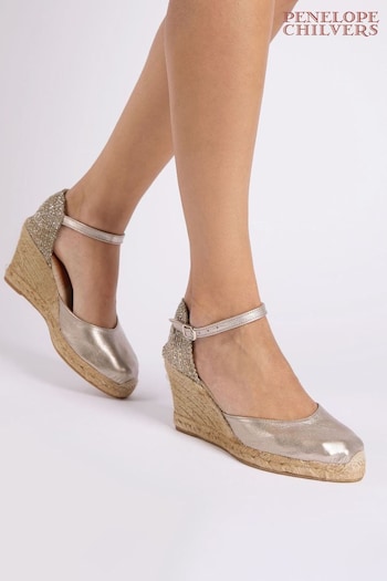 Penelope Chilvers Silver Mary Jane Metallic Leather Espadrilles (905924) | £135