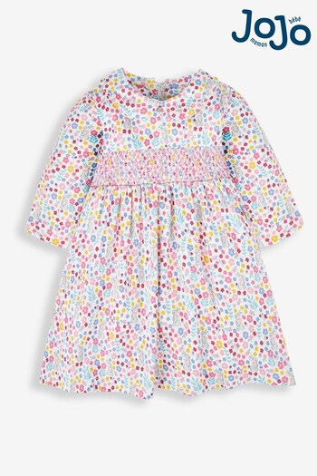 JoJo Maman Bébé Cream Bunny Floral Girls' Smocked Peter Pan Dress (907342) | £24.50