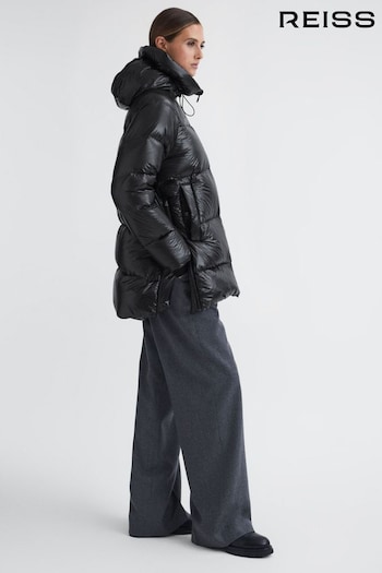 Reiss Black Rae Shiny Mid Length Puffer Coat (908588) | £368