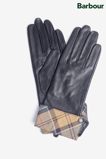 Barbour® Black Tartan Lady Jane Leather Gloves (908666) | £50