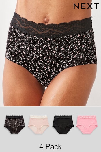 Black/Pink Heart Print Full Brief Cotton and Lace Knickers 4 Pack (908944) | £19