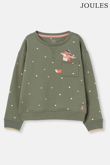 Joules Mackenzie Khaki Green Embroidered Artwork Crew Neck Sweatshirt (909526) | £14 - £16