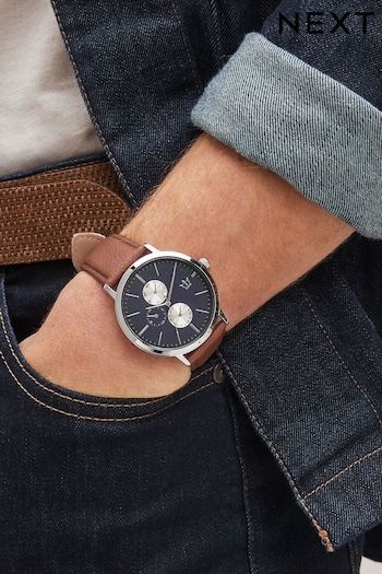 Navy Blue Dial Watch with Brown Leather Strap (910174) | £35
