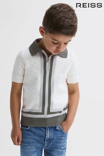Reiss Ecru/Green London Junior Cotton Knitted Half-Zip Polo insulated T-Shirt (910555) | £38