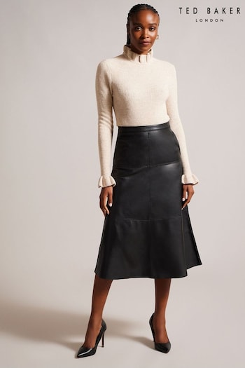 Ted Baker Oaklyna Leather Panelled A-Line Black Skirt (910593) | £250