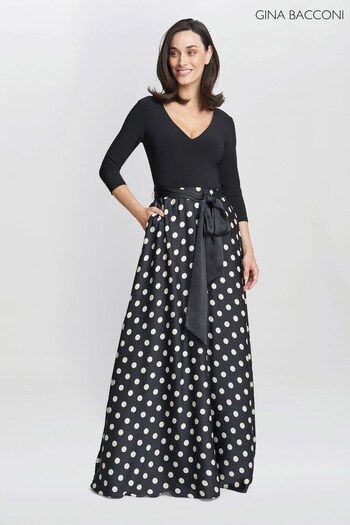 Gina Bacconi Christina Spot Print Satin And Jersey Black Dress (910615) | £270