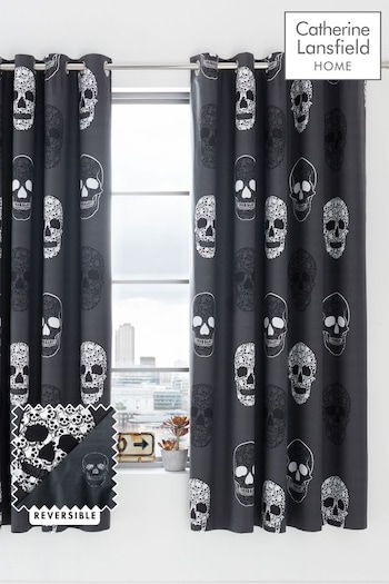 Catherine Lansfield Grey Skulls Reversible Lined Eyelet Curtains (910654) | £45